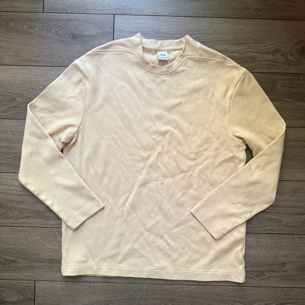 Zara Mens Beige Mock‎ Neck Long Sleeve Ribbed Sweatshirt Large 4092/306/712